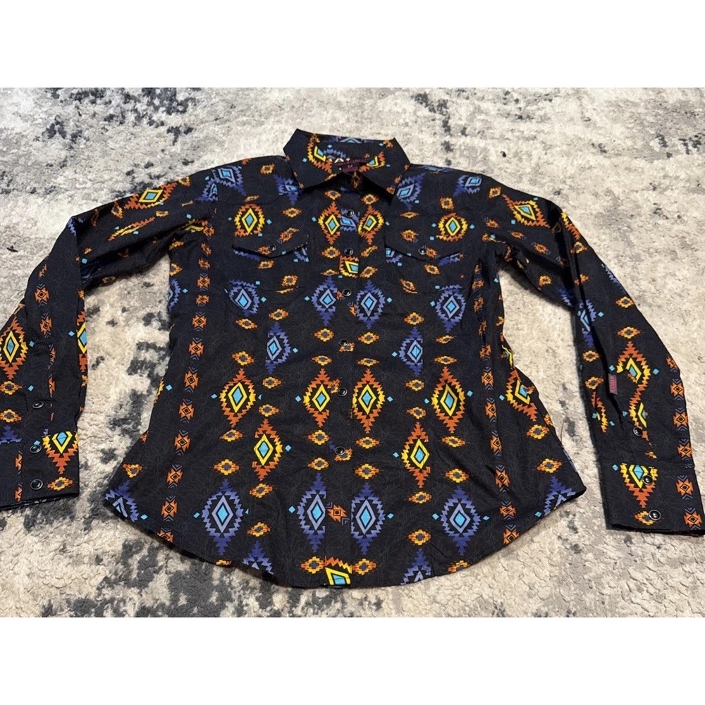 Rock & Roll Denim Womens Sz Medium Back Aztec Western Pearl Snap Shirt Cowgirl